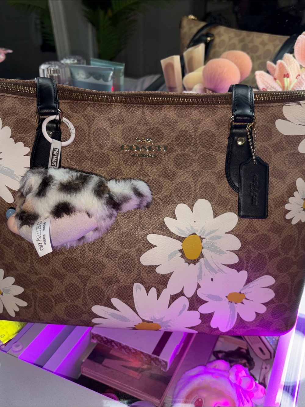COACH Brown Daisy Logo Canvas Tote with Black Leather Trim